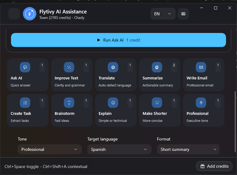 Flytivy AI Assistance quick actions