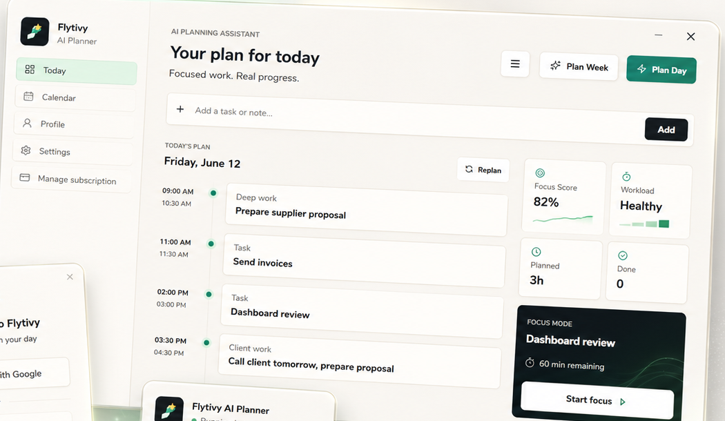 Flytivy daily planner and Gantt timeline