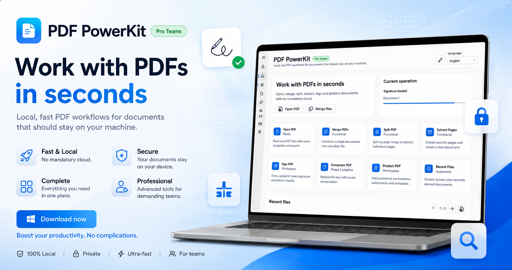 PDF PowerKit banner showing local PDF tools on Windows
