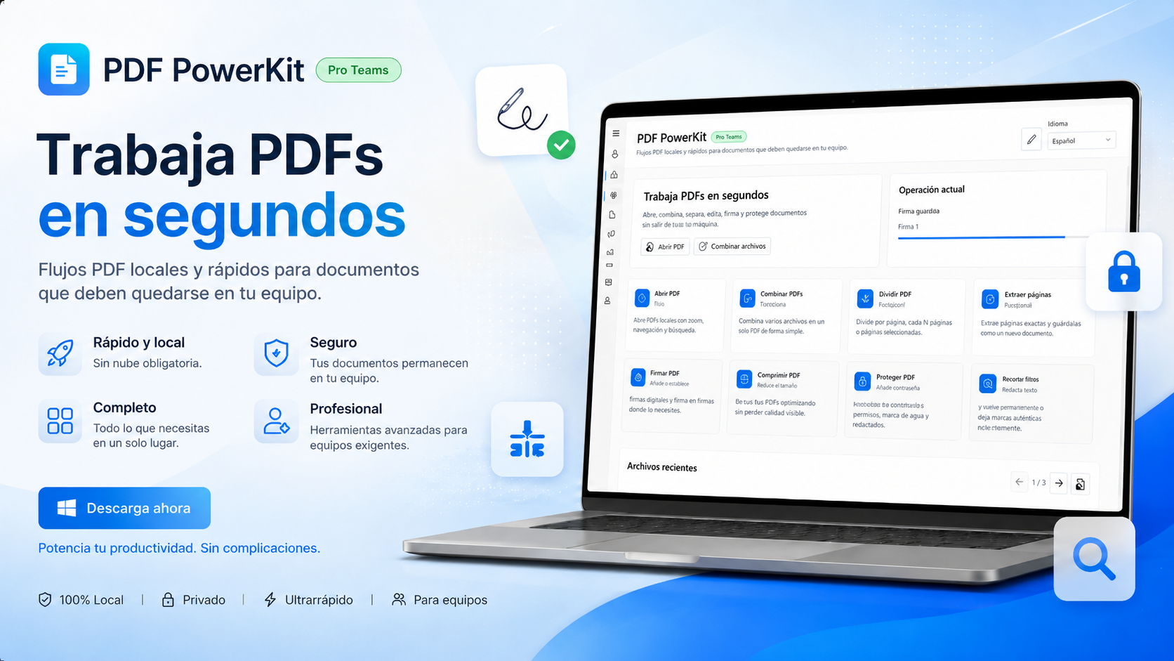 Banner de PDF PowerKit con herramientas PDF locales para Windows